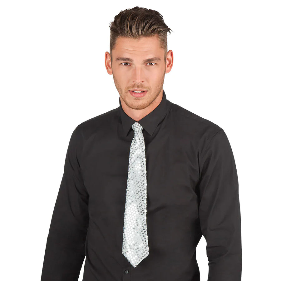 Boland Silberne Pailletten Krawatte Schlips 40 cm – Detailansicht