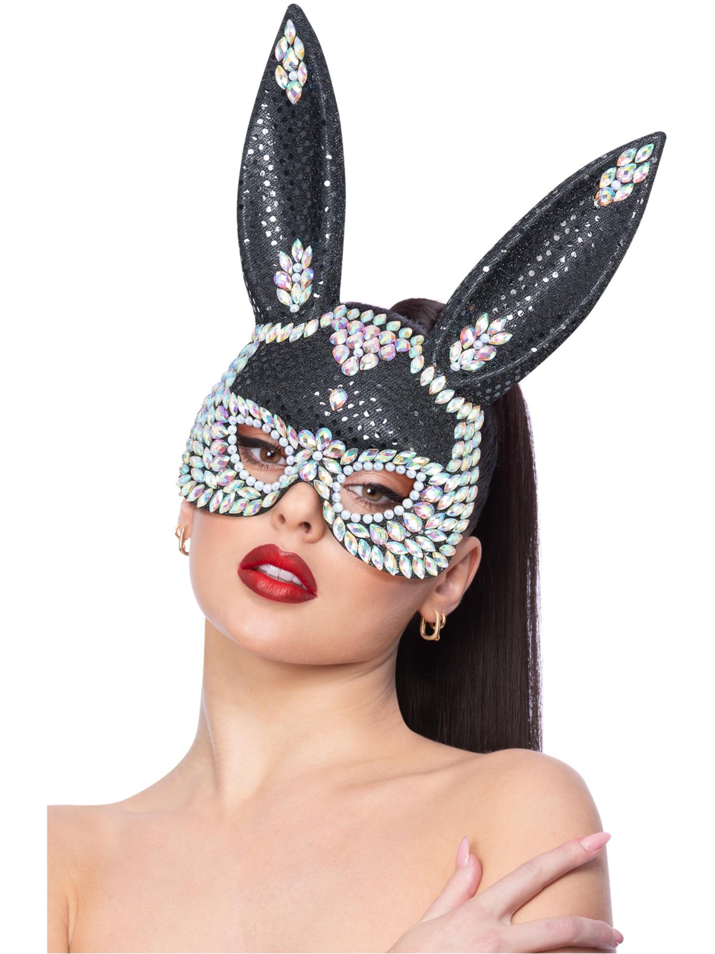 Smiffys schwarze Rabbit Hasenmaske mit Jewel- und Sequin-Optik für Damen