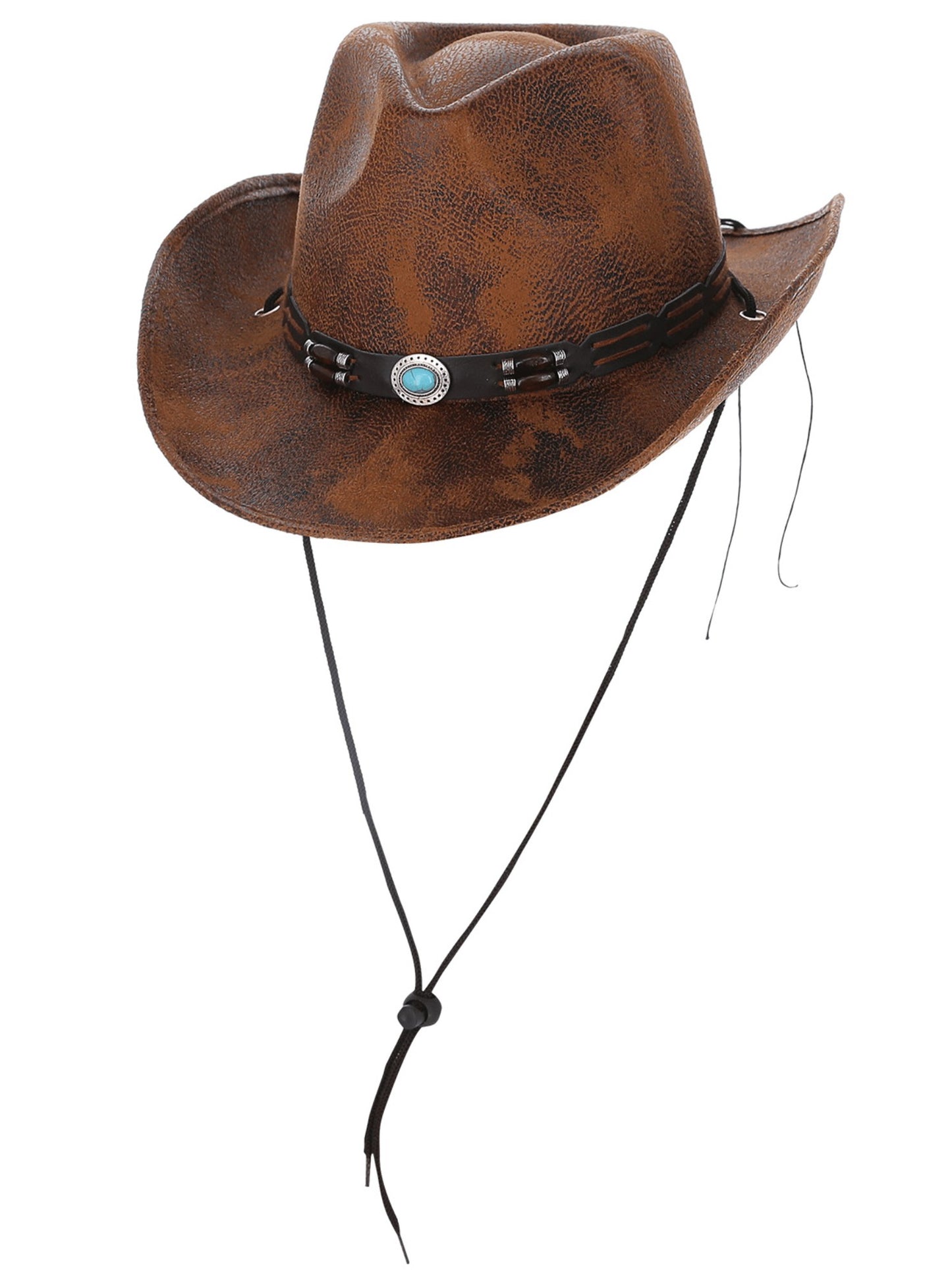 Smiffys tanfarbener Western-Cowboyhut im Lederlook mit türkisfarbenem Motivband – Detailansicht