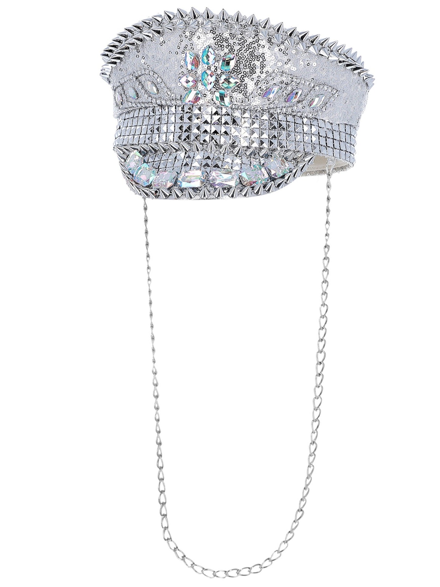Smiffys Captains Hat Silber mit Pailletten, Nieten und Kette – Detailansicht