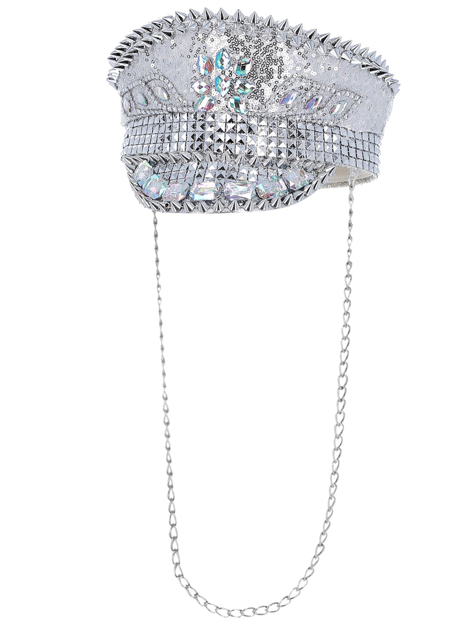 Smiffys Captains Hat Silber mit Pailletten, Nieten und Kette – Detailansicht