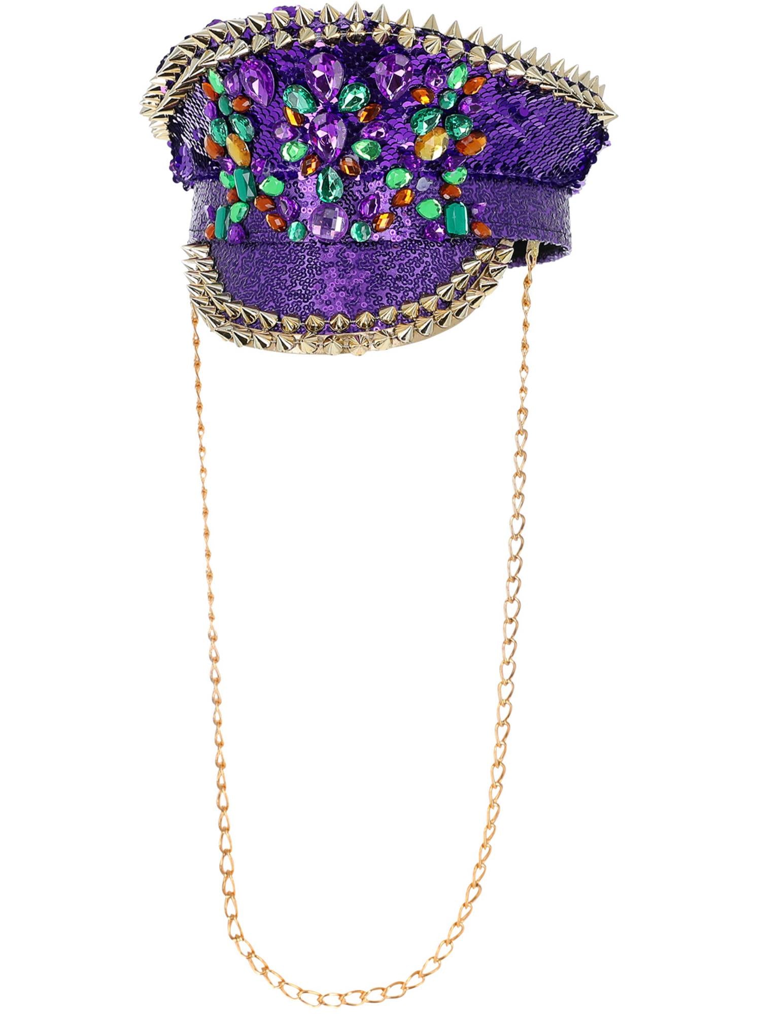 Smiffys Fever Deluxe Captains Hat Purple mit Pailletten, Nieten und Kette – Produktansicht
