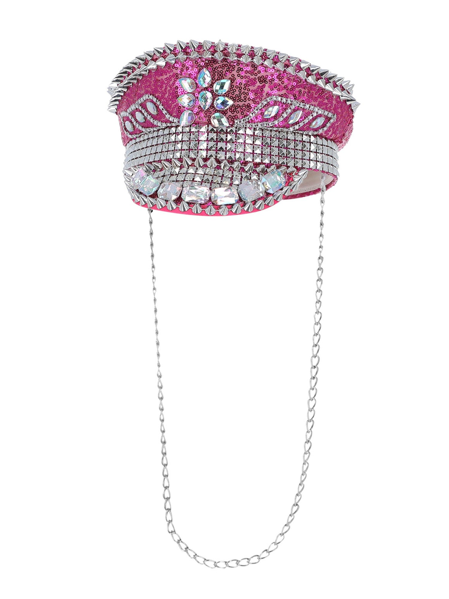 Smiffys Fever Deluxe Captains Hat Hot Pink mit Pailletten, Nieten und Kette – Detailansicht