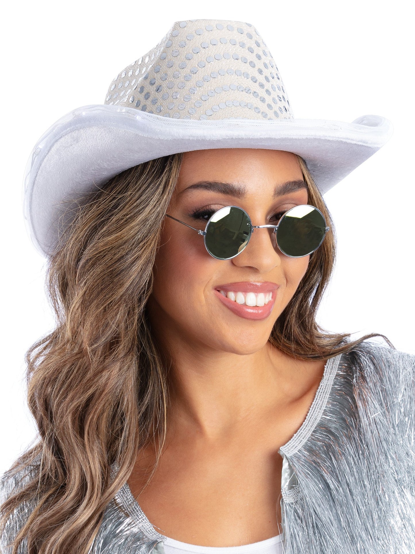 Smiffys silberner LED Cowboyhut mit Pailletten für Erwachsene – Produktansicht