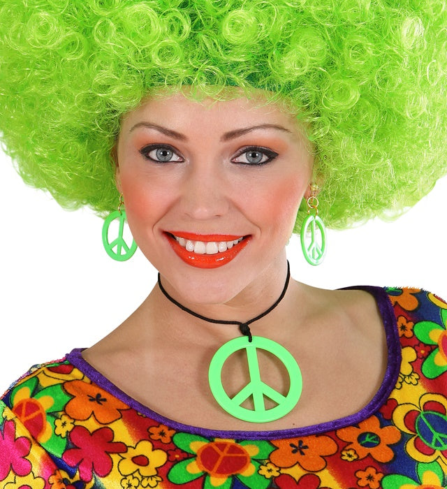 Neon grünes Hippie Set mit Peace Kette und Ohrringen für Fasnacht