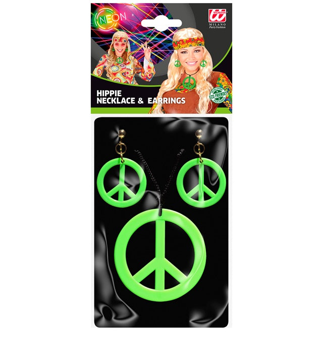 Neon grünes Hippie Set mit Peace Kette und Ohrringen für Fasnacht