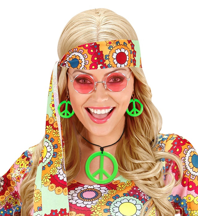 Neon grünes Hippie Set mit Peace Kette und Ohrringen für Fasnacht