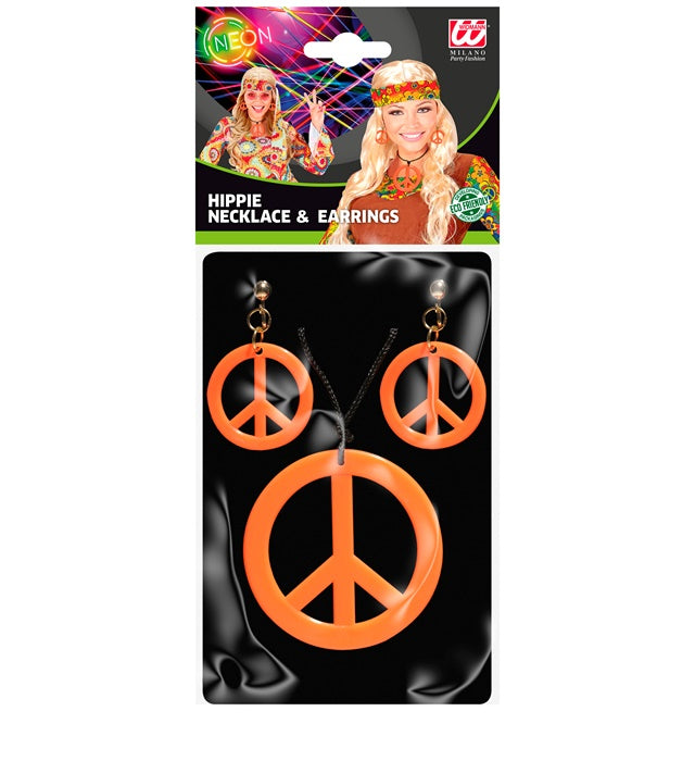 Neon orangefarbene Peace-Kette und Ohrstecker Hippie-Set für Fasnacht