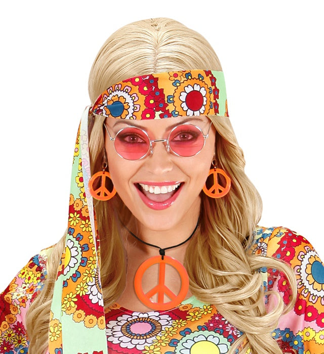 Neon orangefarbene Peace-Kette und Ohrstecker Hippie-Set für Fasnacht