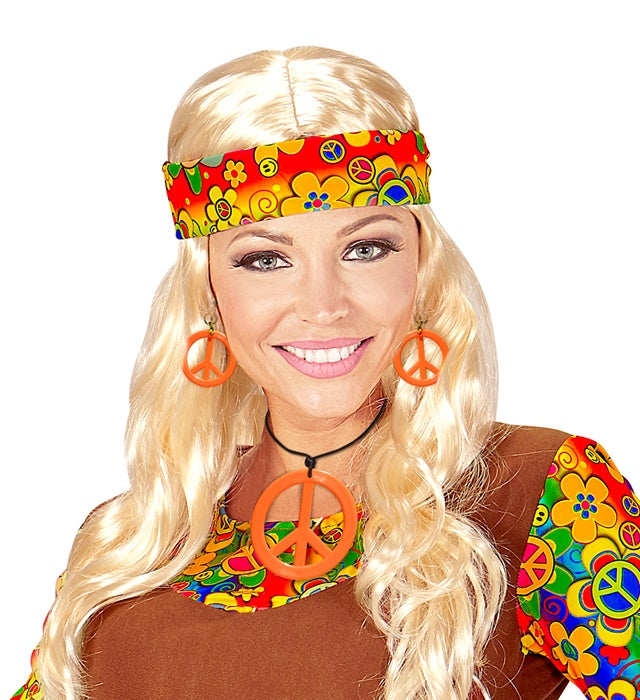 Neon orangefarbene Peace-Kette und Ohrstecker Hippie-Set für Fasnacht