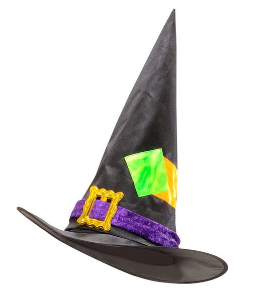 Eleganter schwarzer Hexenhut mit Satin- und Samt-Flicken für Halloween und Fasnacht
