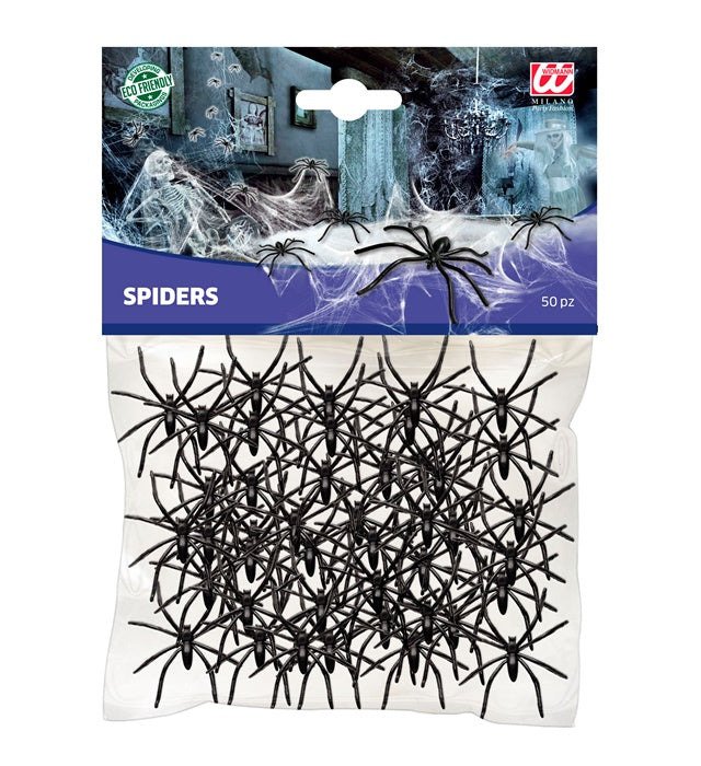 Set aus 50 realistischen Kunststoffspinnen als Dekoration für Fasnacht und Halloween