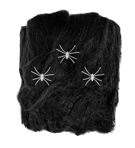 Schwarzes Spinnennetz mit drei phosphoreszierenden Spinnen als Halloween-Dekoration