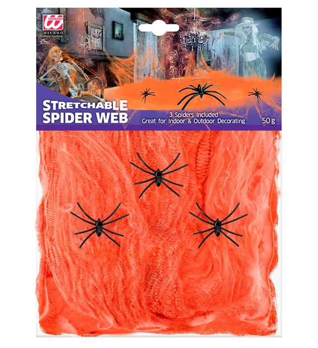 Oranges Spinnennetz mit drei schwarzen Spinnen als Halloween Dekoration