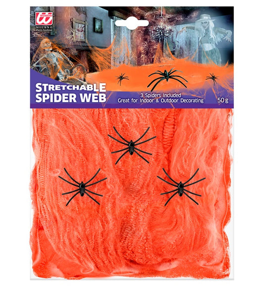 Oranges Spinnennetz mit drei schwarzen Spinnen als Halloween Dekoration