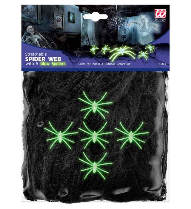 Schwarzes Spinnennetz mit fünf leuchtenden Glow-in-the-Dark Spinnen