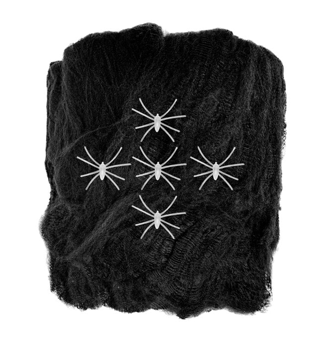 Schwarzes Spinnennetz mit fünf leuchtenden Glow-in-the-Dark Spinnen