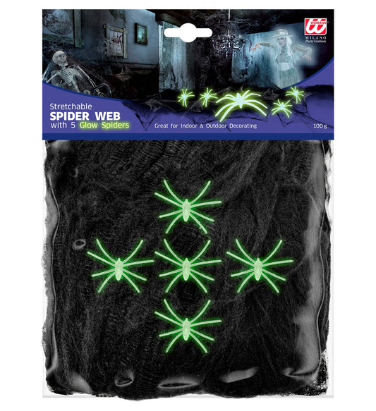 100g schwarzes Spinnennetz mit 5 Glow in the Dark Spinnen