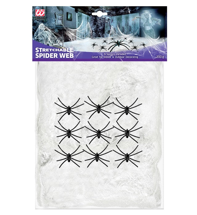 Weißes Spinnennetz mit 9 schwarzen Spinnen für Fasnacht und Halloween Dekoration