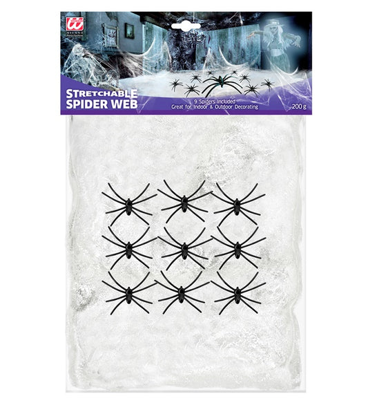 Weißes Spinnennetz mit 9 schwarzen Spinnen für Fasnacht und Halloween Dekoration