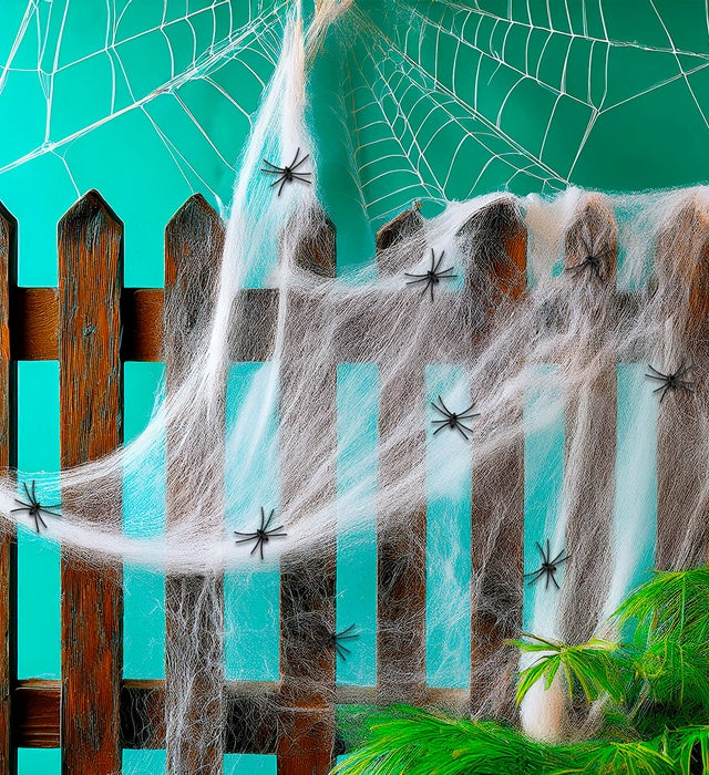 Weißes Spinnennetz mit 9 schwarzen Spinnen für Fasnacht und Halloween Dekoration