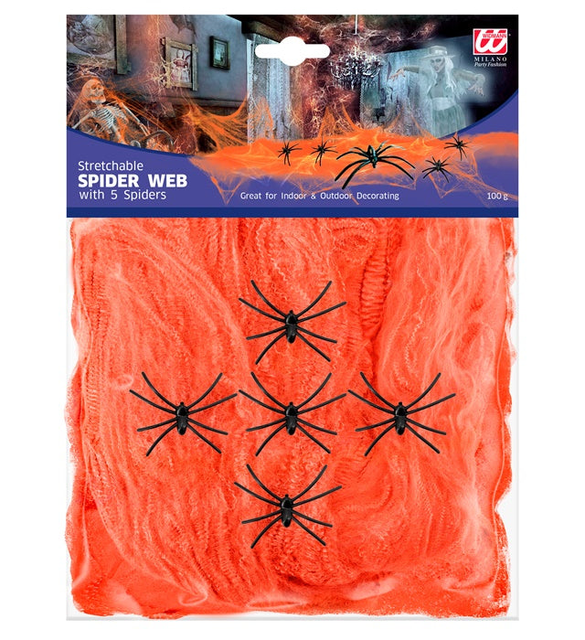 Orangenes Spinnennetz mit fünf schwarzen Spinnen als Fasnachts- und Halloween-Dekoration