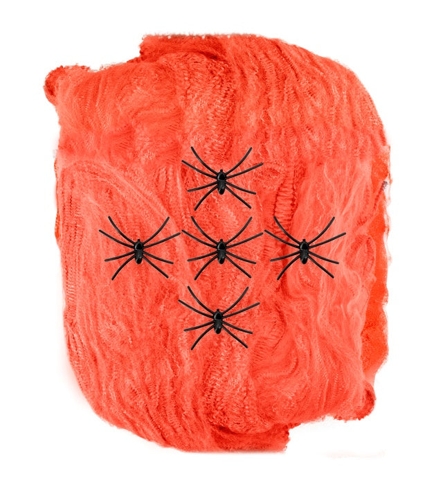 Orangenes Spinnennetz mit fünf schwarzen Spinnen als Fasnachts- und Halloween-Dekoration