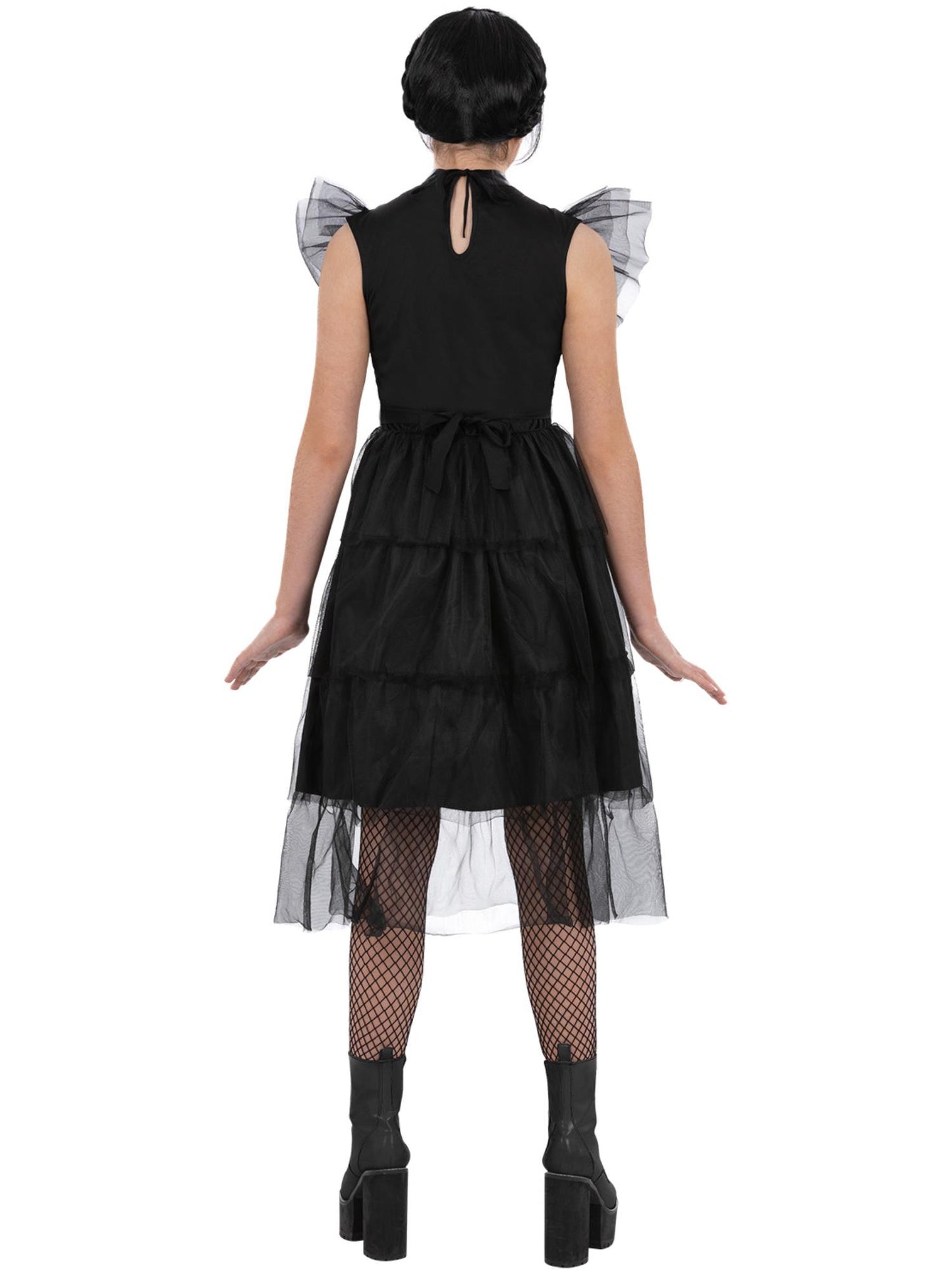Smiffys Gothic-Girl-Kostüm für Mädchen in Schwarz mit Mesh-Rüschen – Detailansicht