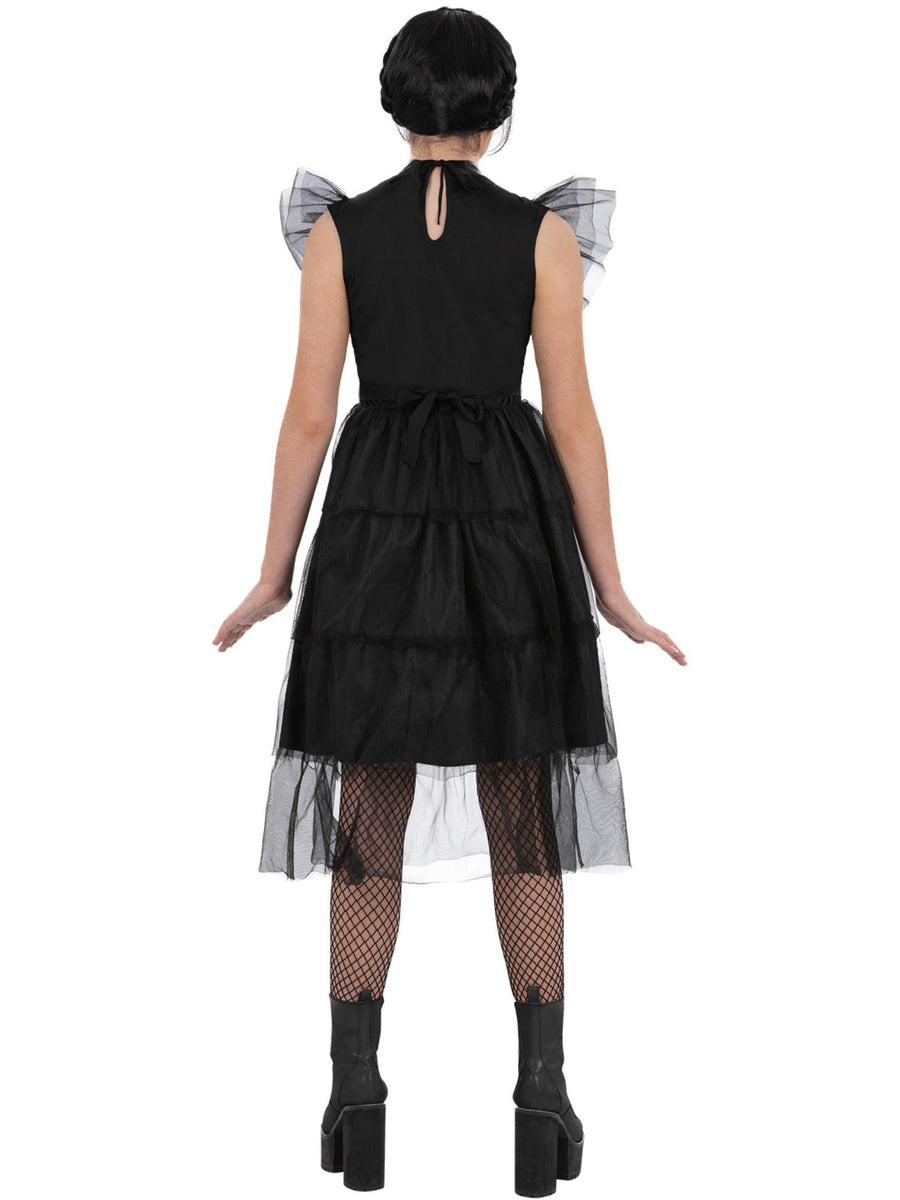 Smiffys Gothic-Girl-Kostüm für Mädchen in Schwarz mit Mesh-Rüschen – Detailansicht