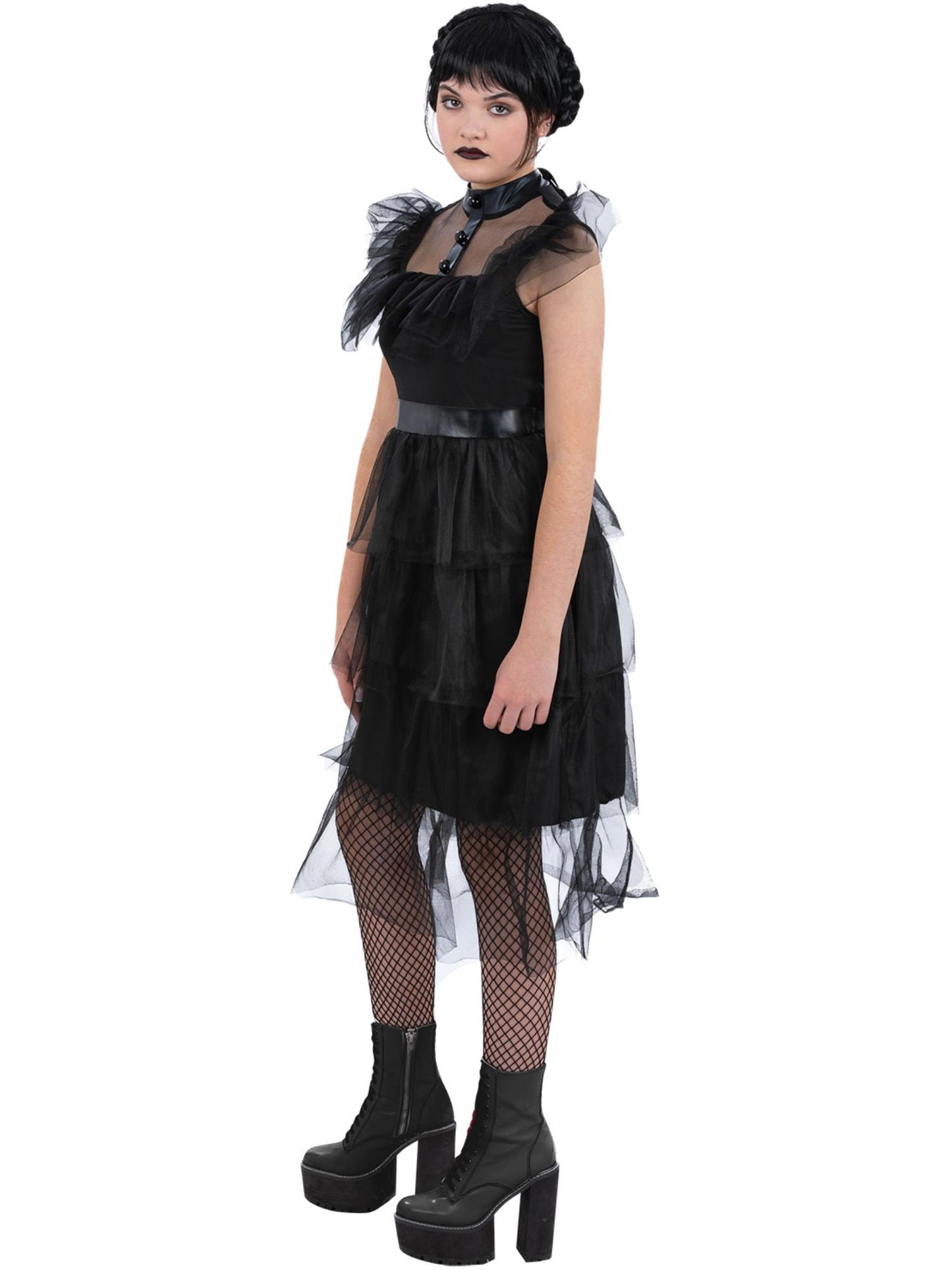 Smiffys Gothic-Girl-Kostüm für Mädchen in Schwarz mit Mesh-Rüschen – Seitenansicht