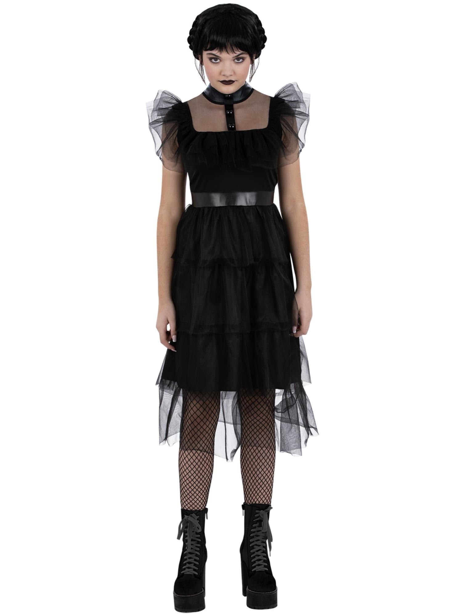 Smiffys Gothic-Girl-Kostüm für Mädchen in Schwarz mit Mesh-Rüschen – Produktansicht