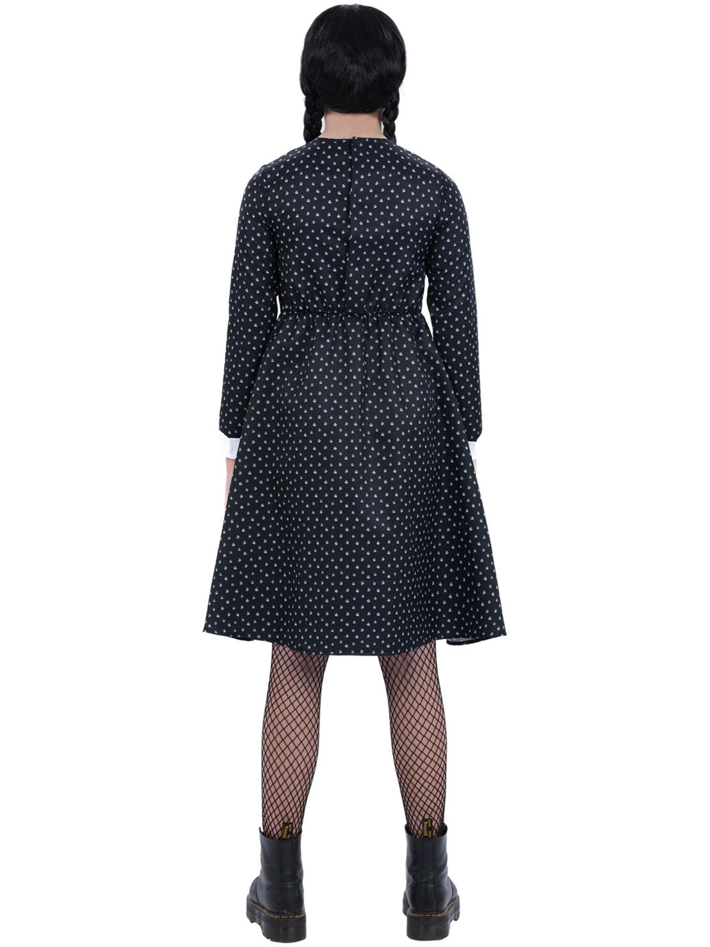 Smiffys Gothic-Girl-Kinderkostüm mit schwarzem gepunktetem Schulmädchen-Kleid – Detailansicht