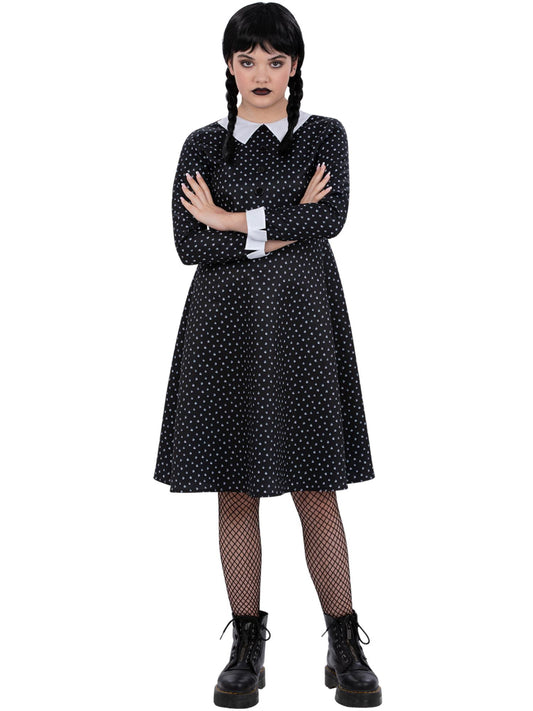 Smiffys Gothic-Girl-Kinderkostüm mit schwarzem gepunktetem Schulmädchen-Kleid – Produktansicht