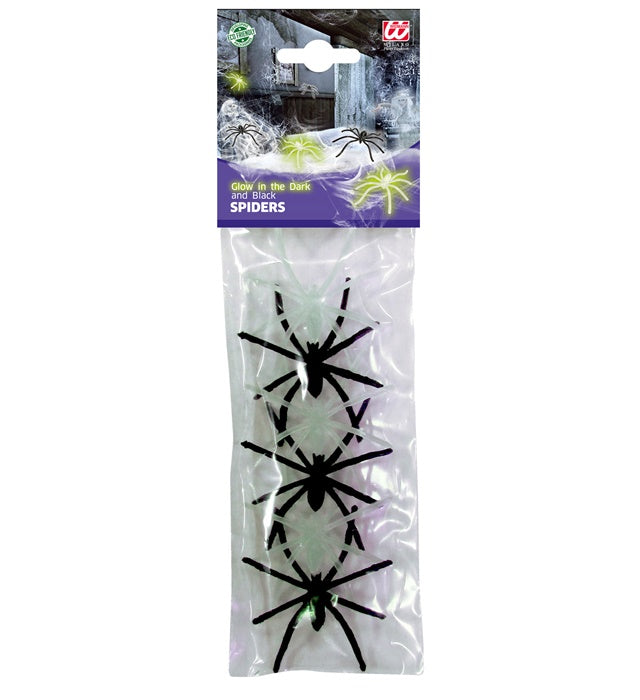 Set aus 6 schwarzen und neonfarbenen Spinnen für Fasnachtsdekoration