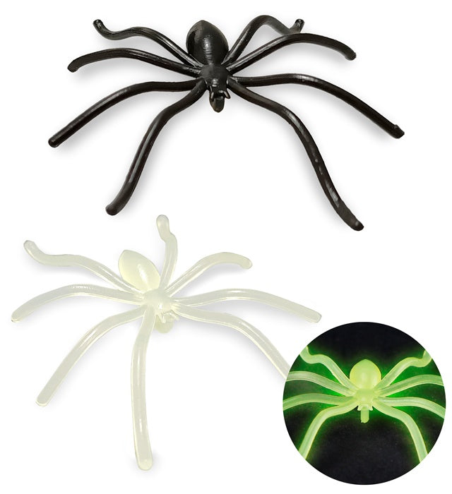 Set aus 6 schwarzen und neonfarbenen Spinnen für Fasnachtsdekoration
