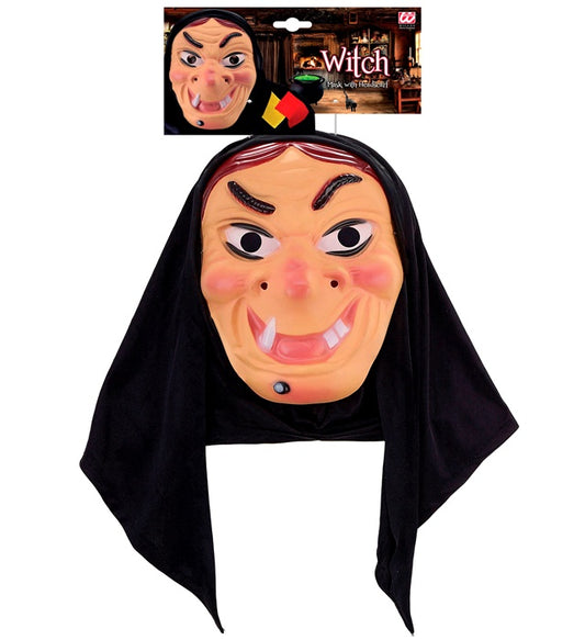 Hexenmaske mit Kopftuch aus Plastik für Halloween und Fasnacht