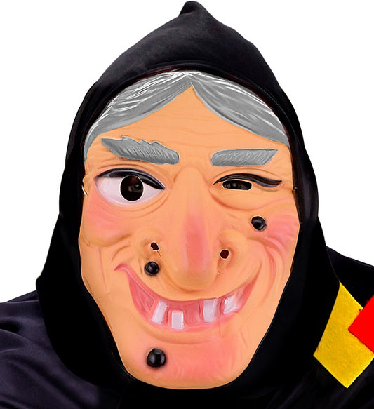 Hexenmaske aus Plastik mit schwarzem Kopftuch für Fasnacht und Halloween