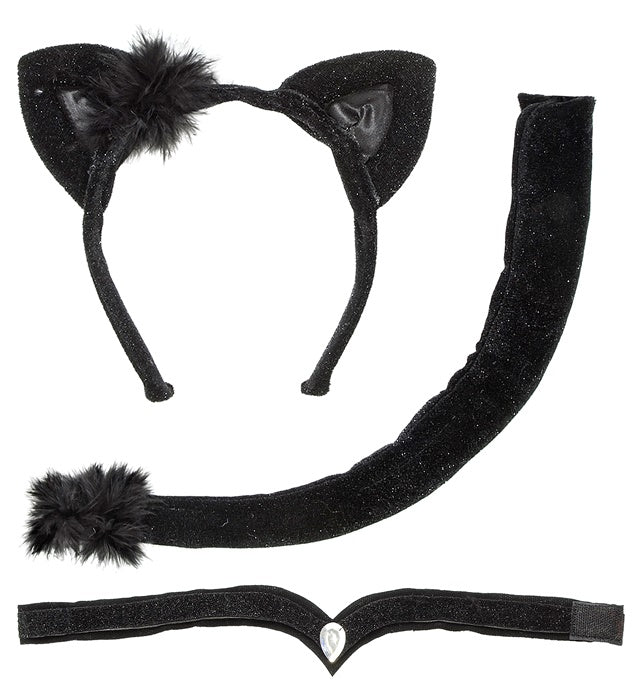 Katzen Kostüm-Set mit Ohren, Halsband und Schwanz auf weißem Hintergrund