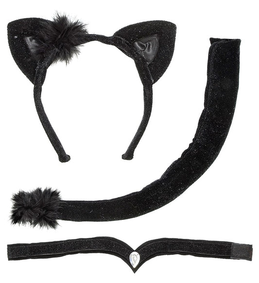 Katzen Kostüm-Set mit Ohren, Halsband und Schwanz auf weißem Hintergrund