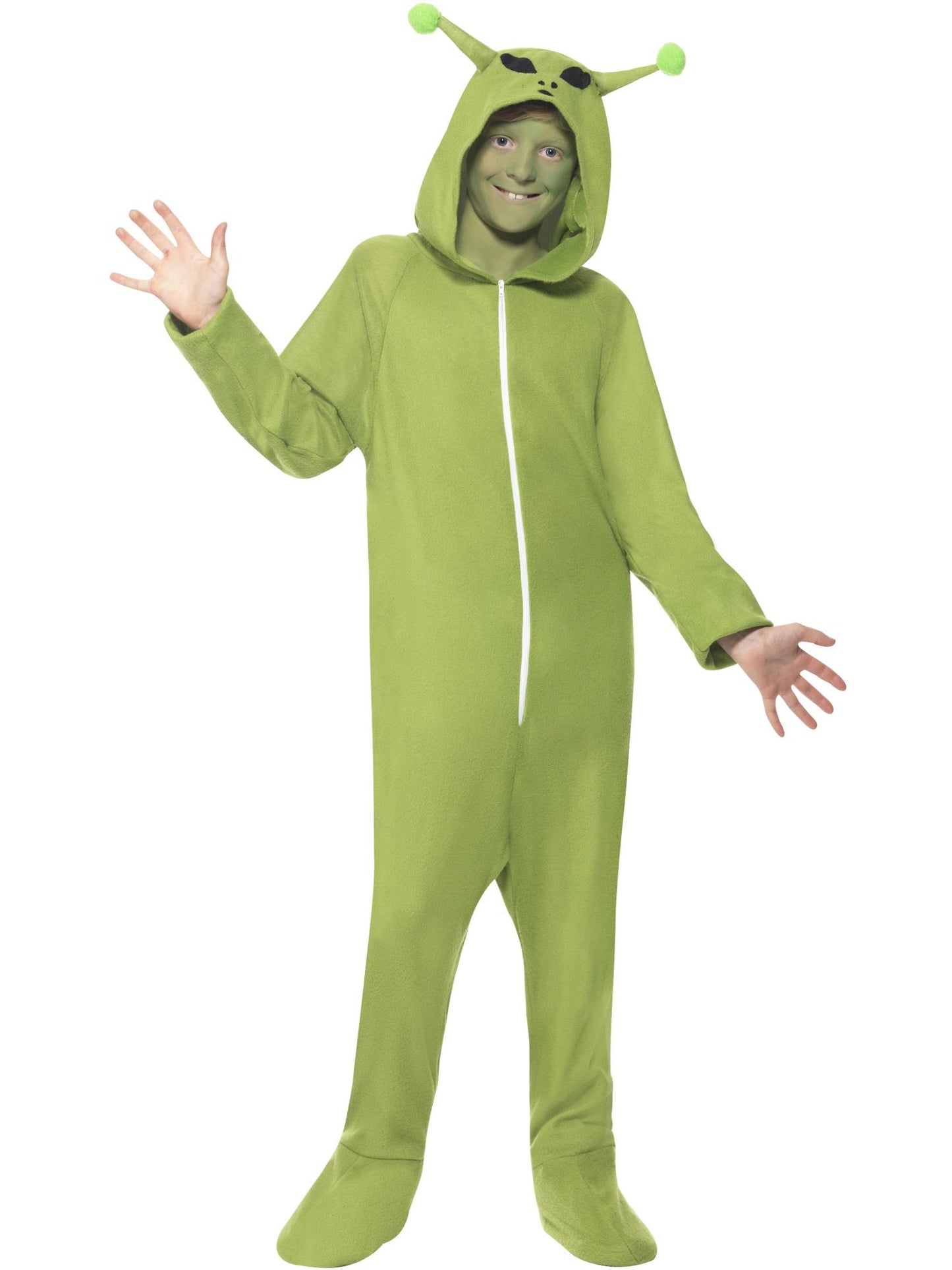 Smiffys grünes Alien-Kostüm für Kinder mit Kapuzen-Overall – Produktansicht