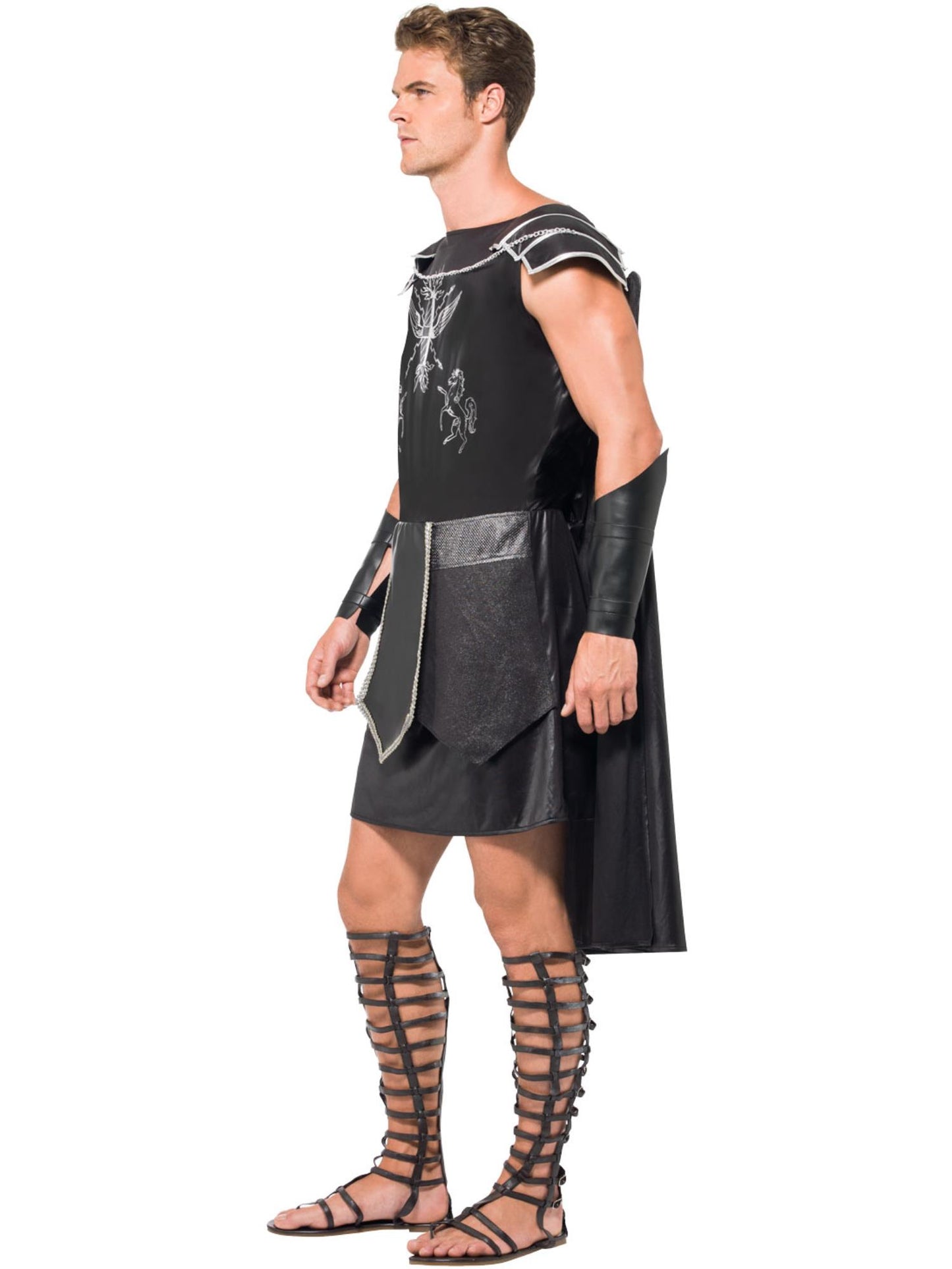 Smiffys Roman Gladiator Kostüm für Herren schwarz mit Tunika Umhang und Armstulpen – Seitenansicht
