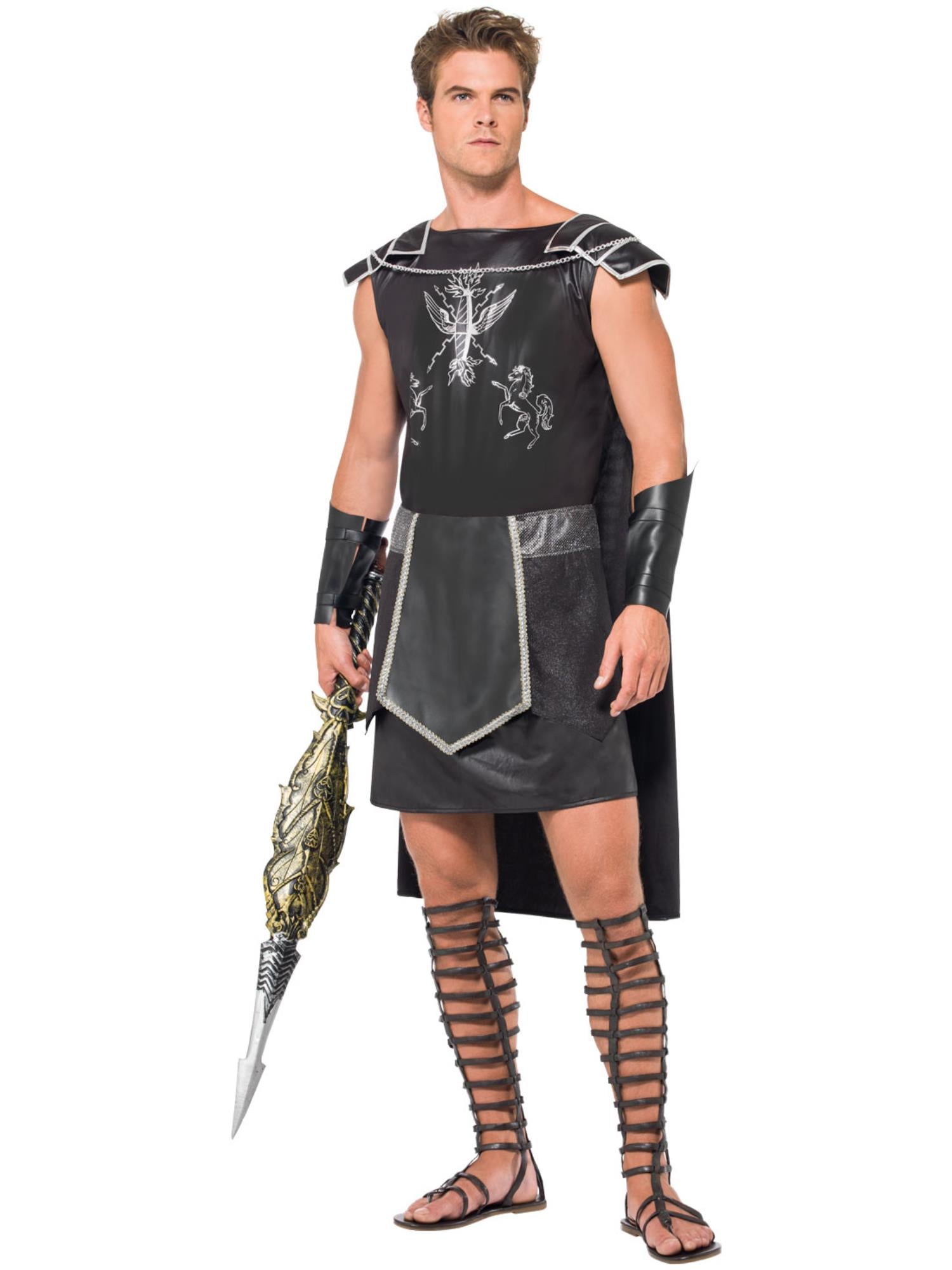 Smiffys Roman Gladiator Kostüm für Herren schwarz mit Tunika Umhang und Armstulpen – Produktansicht