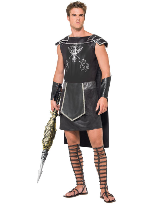 Smiffys Roman Gladiator Kostüm für Herren schwarz mit Tunika Umhang und Armstulpen – Produktansicht
