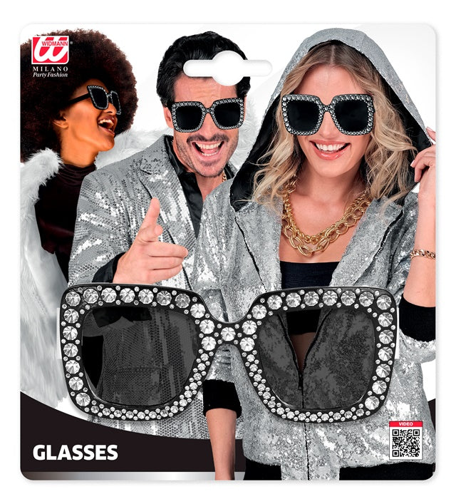 Schwarze Strass Brille mit funkelnden Steinen als Fasnacht Accessoire