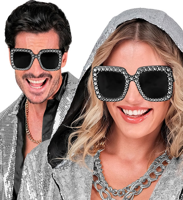 Schwarze Strass Brille mit funkelnden Steinen als Fasnacht Accessoire