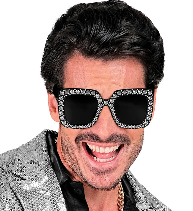 Schwarze Strass Brille mit funkelnden Steinen als Fasnacht Accessoire