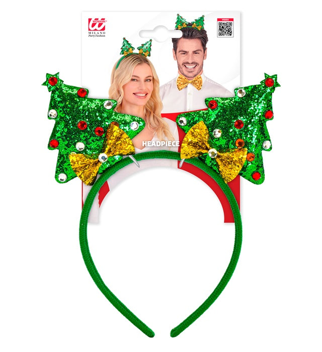Weihnachtsbaum Haarreif mit grünem Tannenbaum, roten Kugeln und Stern