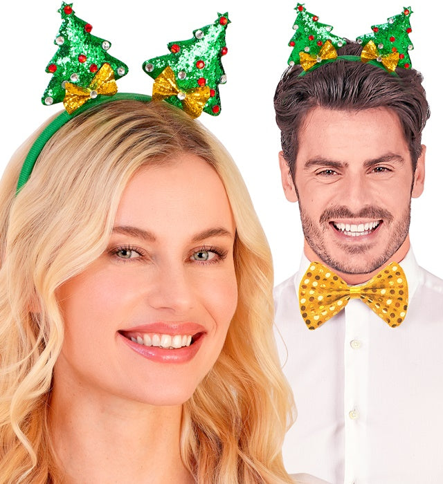 Weihnachtsbaum Haarreif mit grünem Tannenbaum, roten Kugeln und Stern
