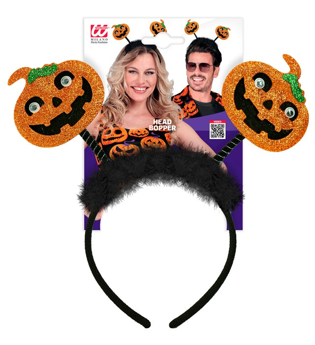 Kürbis Haarreif mit zwei kleinen Kürbissen auf Federn – Halloween Accessoire