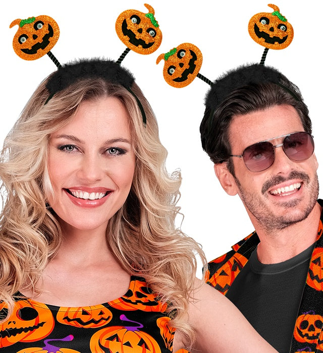 Kürbis Haarreif mit zwei kleinen Kürbissen auf Federn – Halloween Accessoire